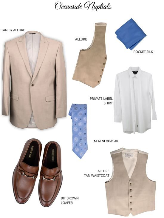 A collage of men 's clothes including a tan suit jacket and brown shoes
