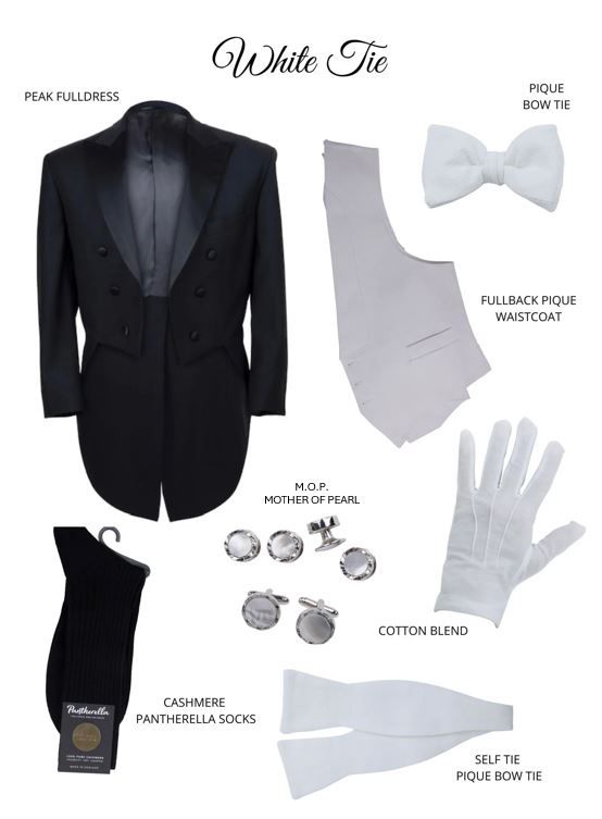 A black tuxedo with a white bow tie and gloves