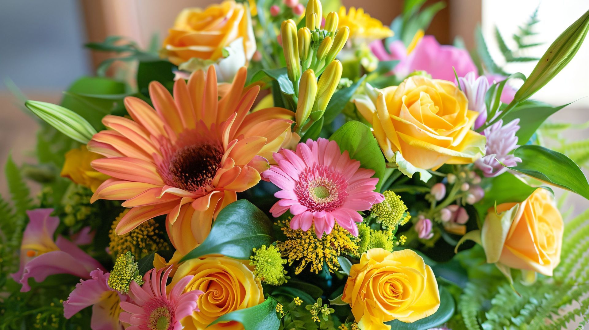 Close-up of a colorful floral arrangement with orange gerbera daisy, yellow roses, and pink flowers.