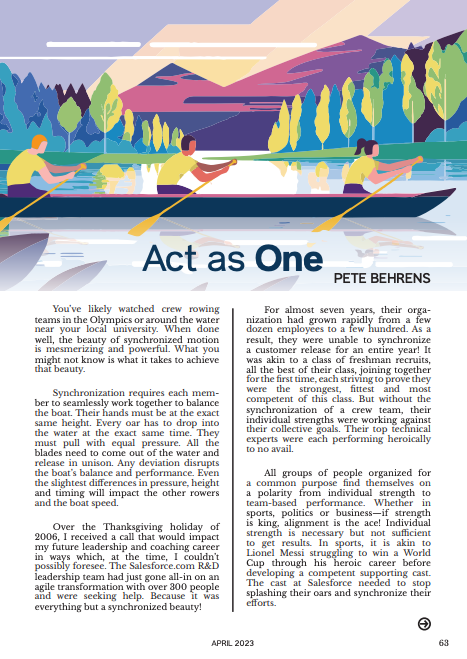 Three people rowing a boat on a calm lake with mountains in the background, under the title 