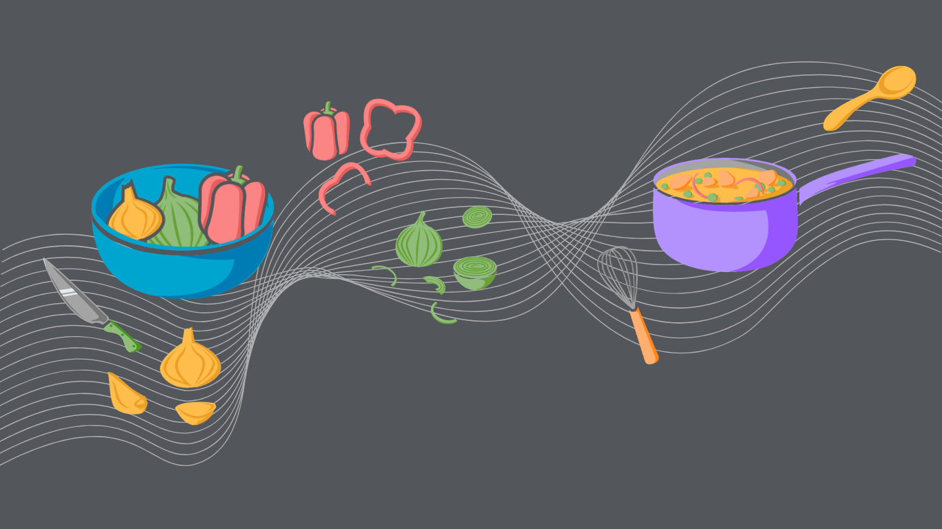 A culinary illustration showing fresh vegetables, a mixing bowl, kitchen tools, and a cooking pot connected by wavy lines.