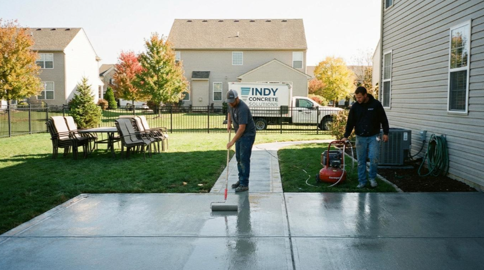 Two workers power washing a concrete patio beside a townhouse backyard with chairs and a lawn