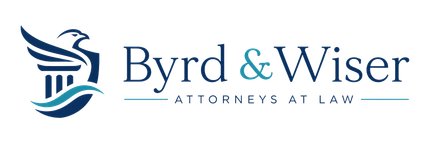 Byrd & Wiser Attorneys at Law logo in blue with stylized scales and wings
