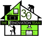 Logo: House outline, green accents. Silhouette workers renovate. "The Renovation Team" and "30 years" text.