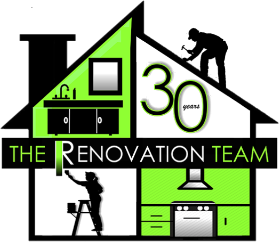 Logo: House outline, green accents. Silhouette workers renovate. "The Renovation Team" and "30 years" text.