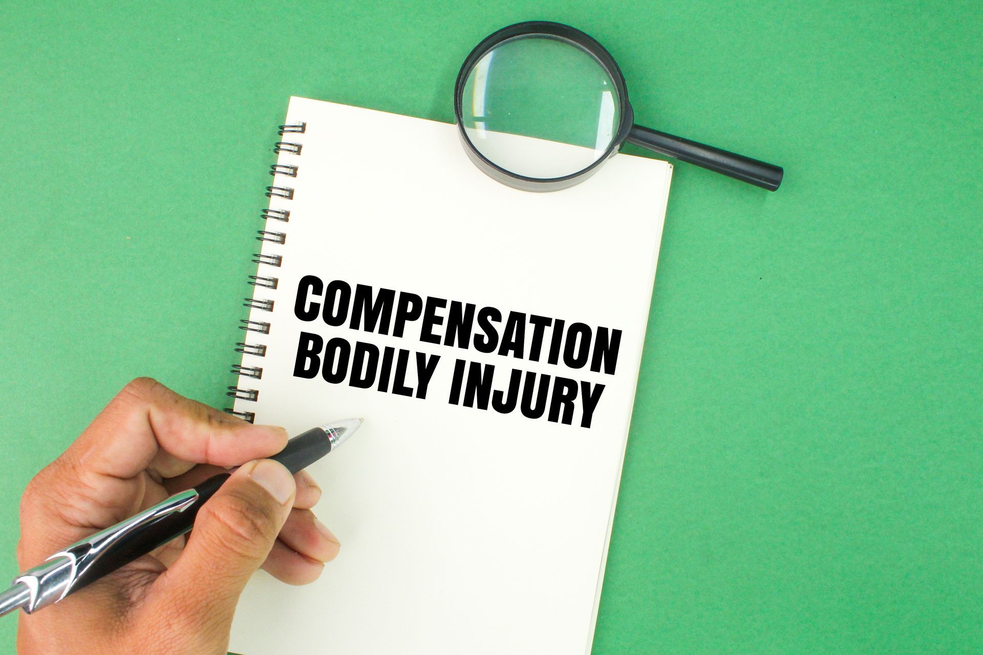 Person writing on notepad with 