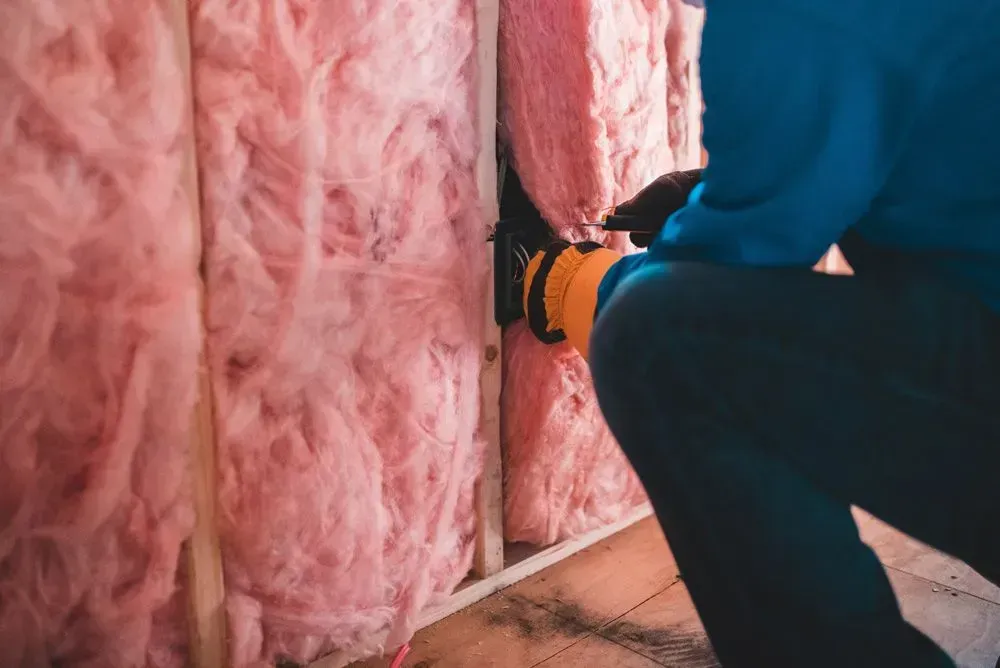 Person Installing Pink Insulation in a Wooden Wall Cavity With a Tool — Kev's Group QLD in Kawana, QLD