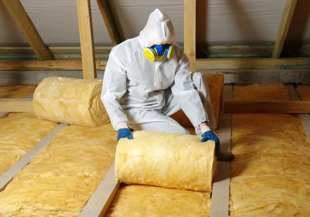 Person in Protective Suit Installing Insulation in an Attic — Kev's Group QLD in Kawana, QLD Person in Protective Suit Installing Insulation in an Attic — Kev's Group QLD in Kawana, QLD