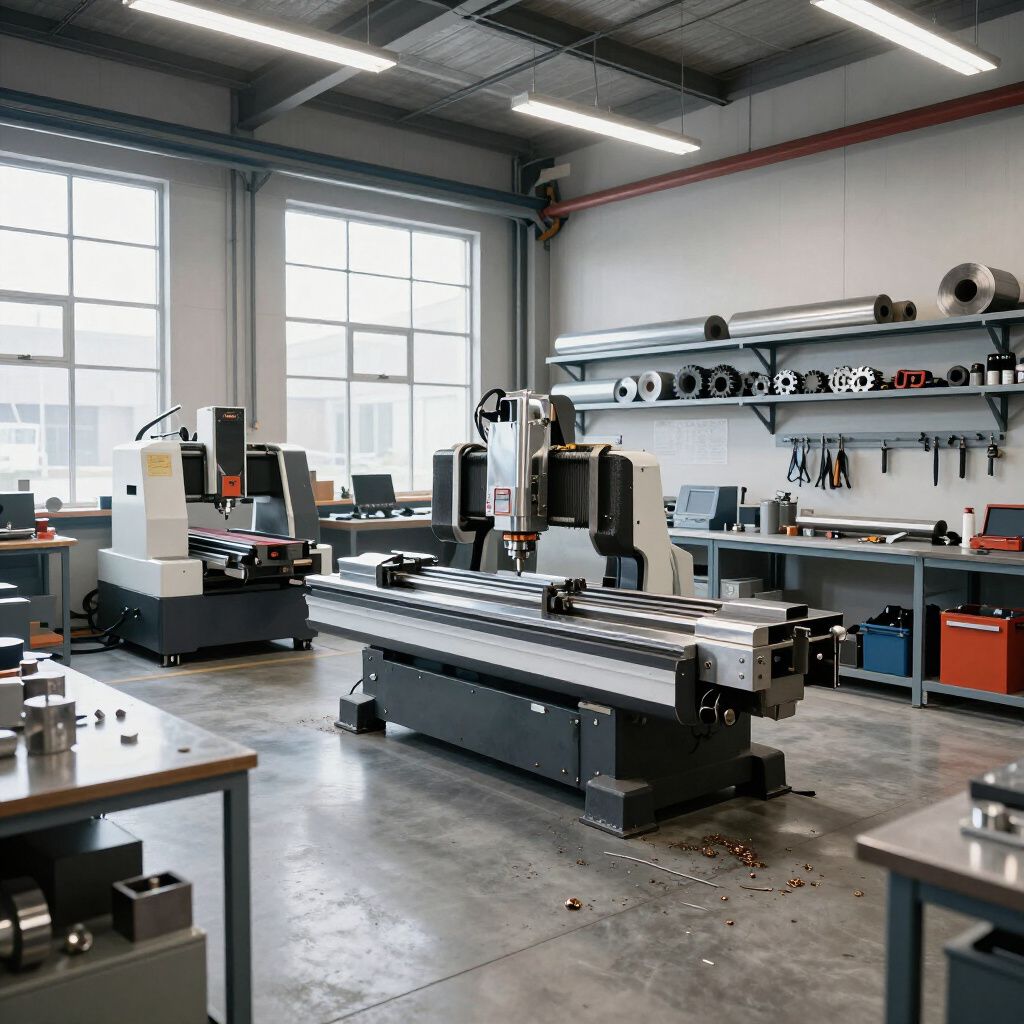 Interno di un'officina meccanica con macchine CNC, utensili e parti metalliche.
