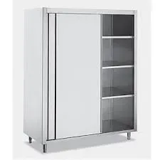 Mobiletto portaoggetti in acciaio inox con anta scorrevole e ripiani.