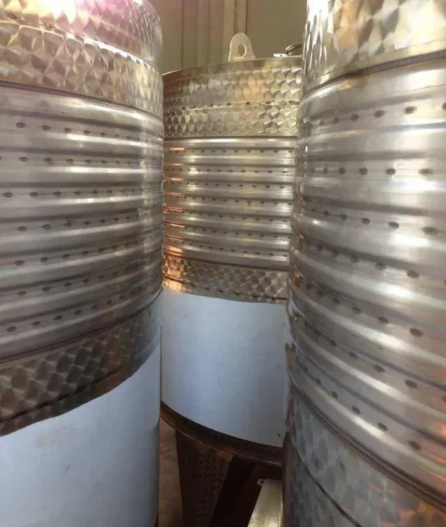 Serbatoi di fermentazione del vino in acciaio inossidabile in una cantina vinicola.