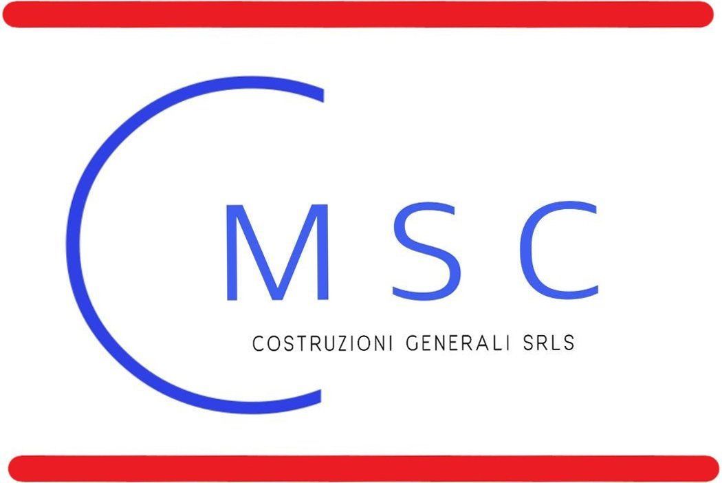 Logo di MSC Costruzioni Generali, lettere blu con cerchio blu parziale, barre rosse in alto e in basso.