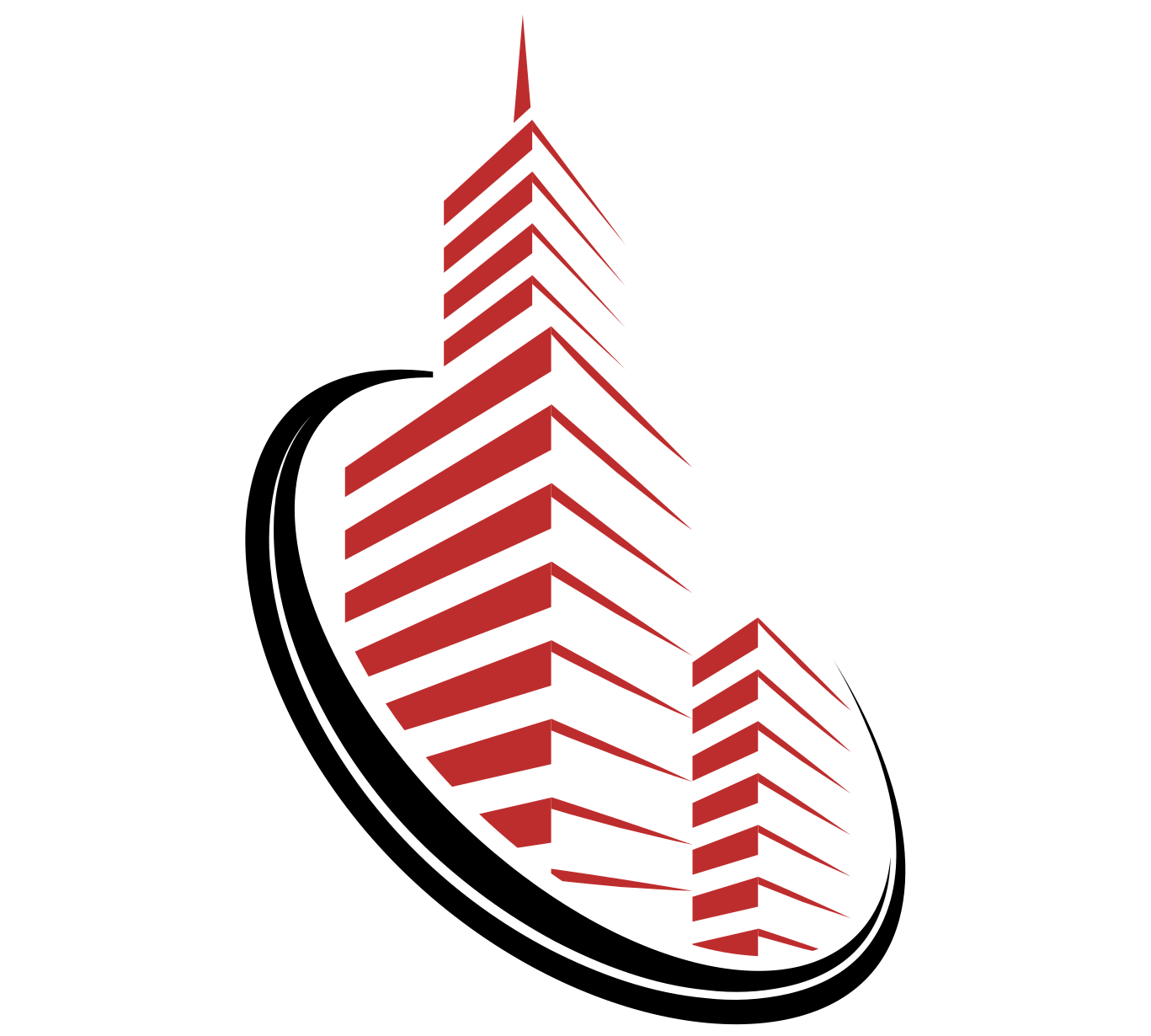 Red stylized high-rise buildings within a black arc on a white background.