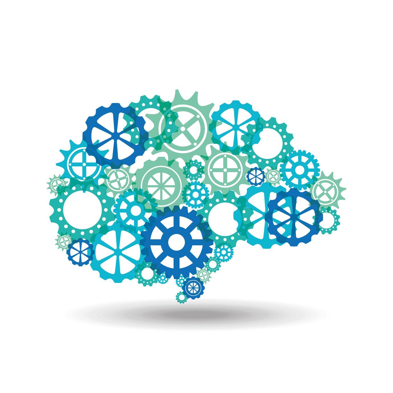 blue & green gears forming the shape of a human brain