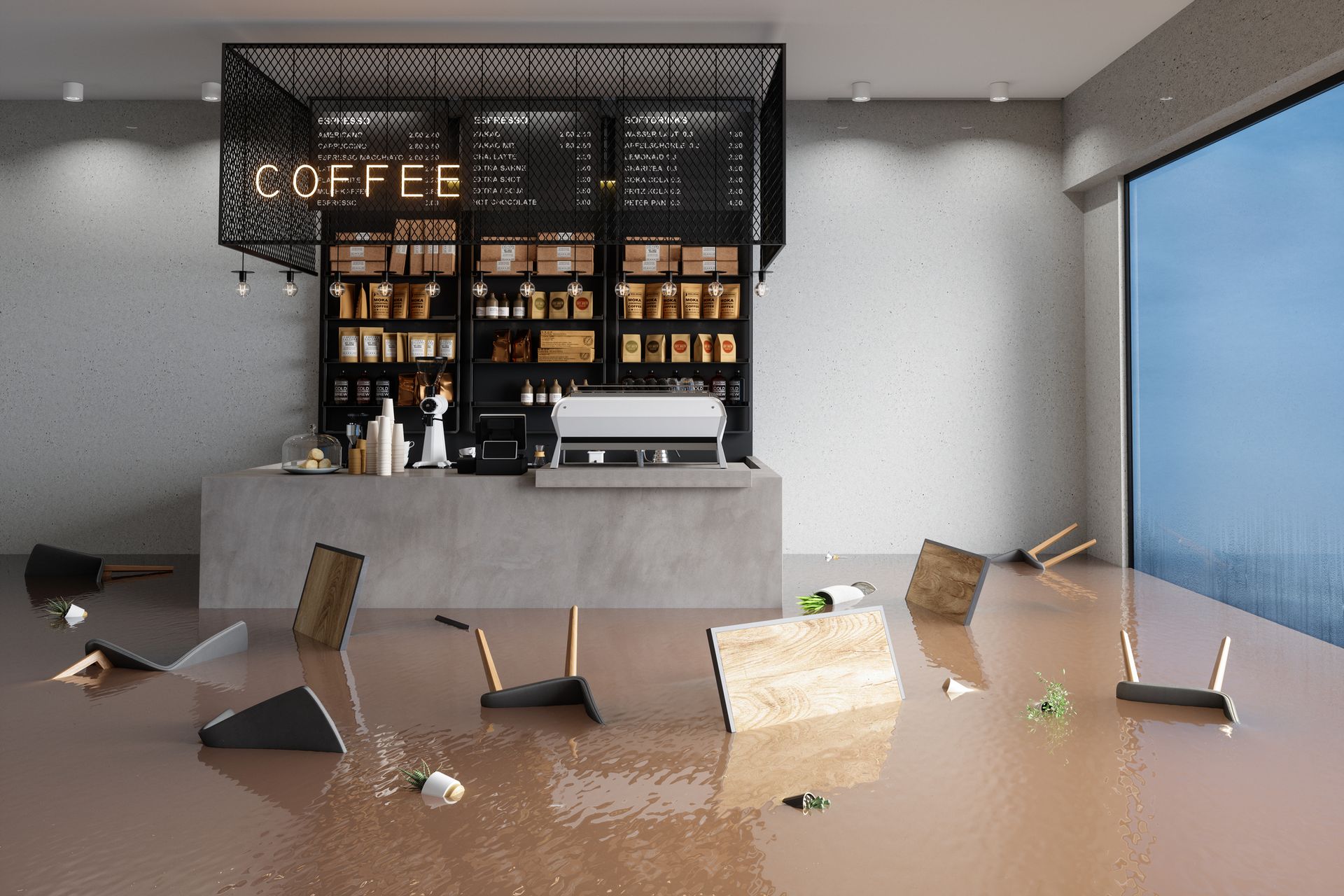 A coffee shop with a flooded floor and a counter.