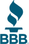 The bbb logo is blue and white and has a flame on it.