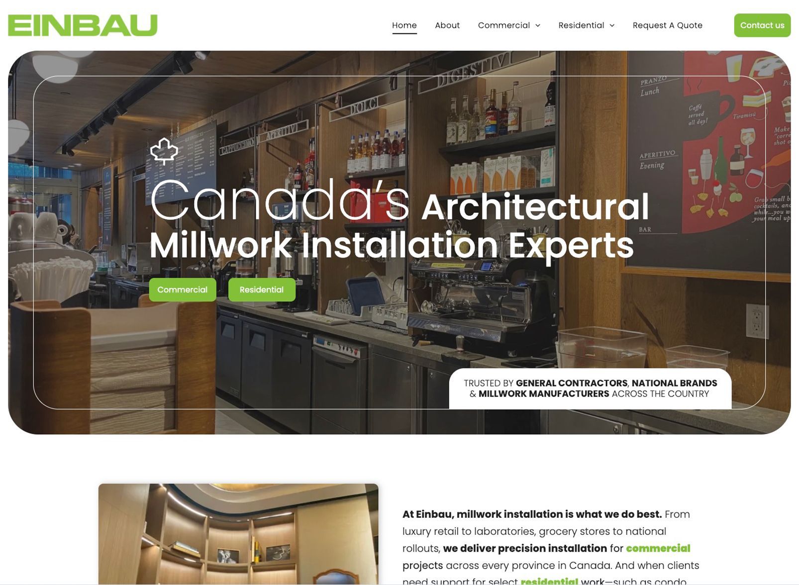 Creative Web Design Home Page for Einbau Architectural Millwork Installation in Whitby