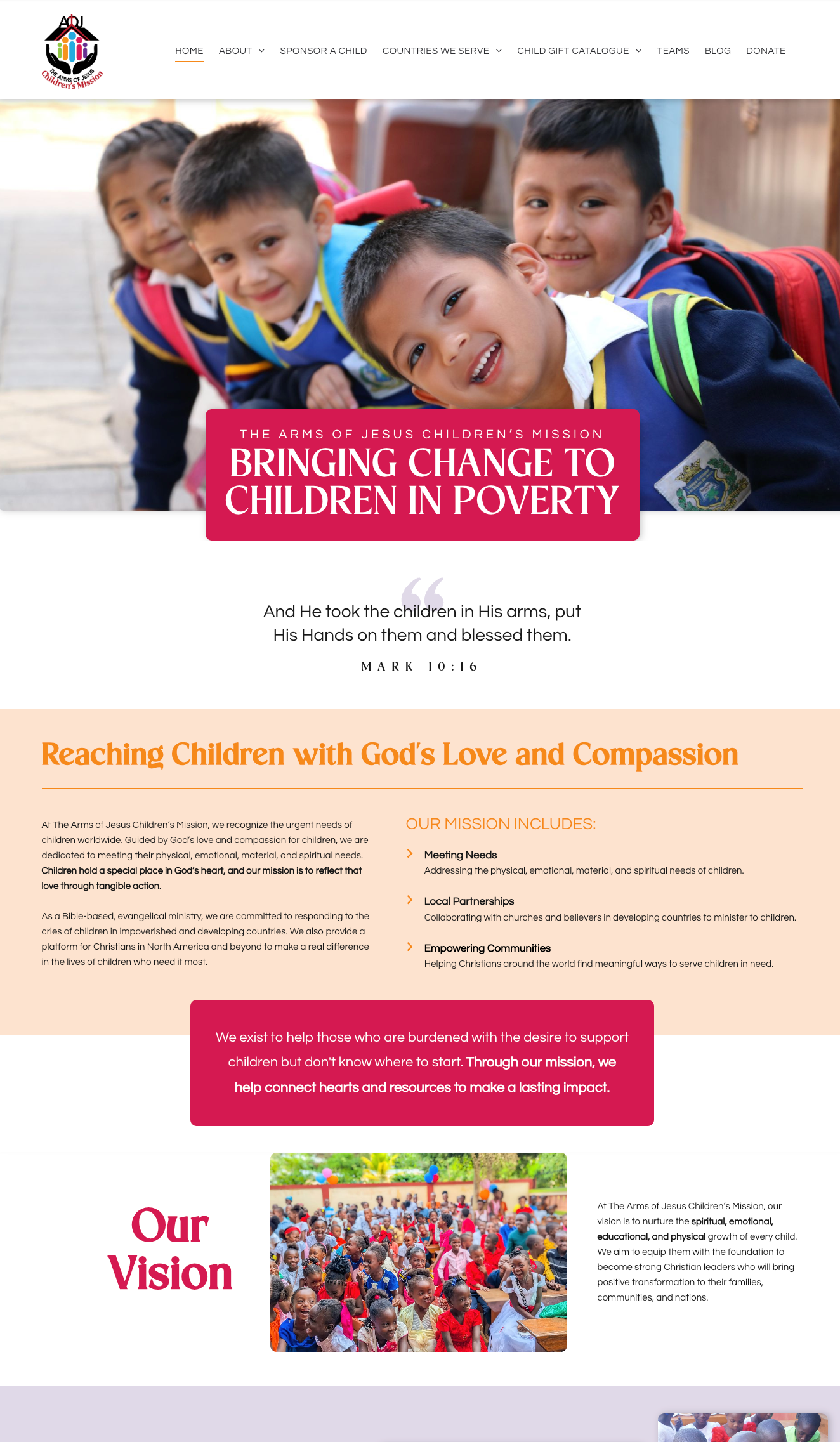 Arms of Jesus child sponsorship ministry website design