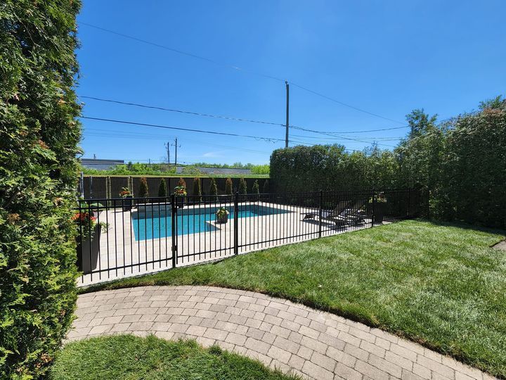 Un jardin avec une piscine derrière une clôture noire, entouré de pelouse et de haies vertes, sous un ciel bleu.
