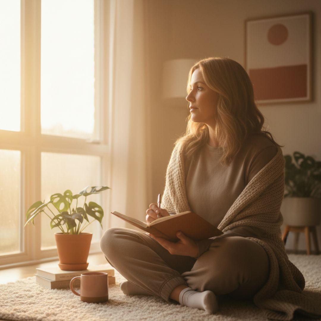 Woman sitting cross-legged near window, writing in a notebook, wrapped in a blanket, bright sunlight.