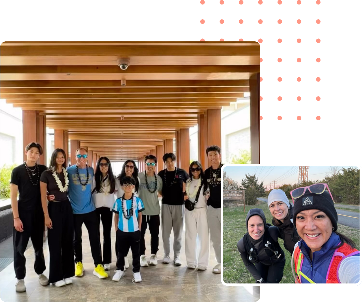 Group of people posing outdoors; building structure with open ceiling. Inset: people taking selfie.