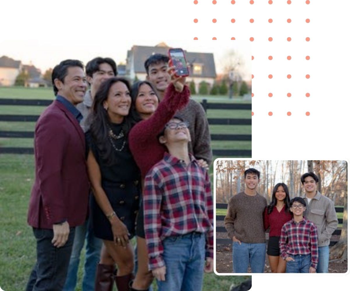 Family dancing in living room, inset photo of person hiking a trail.