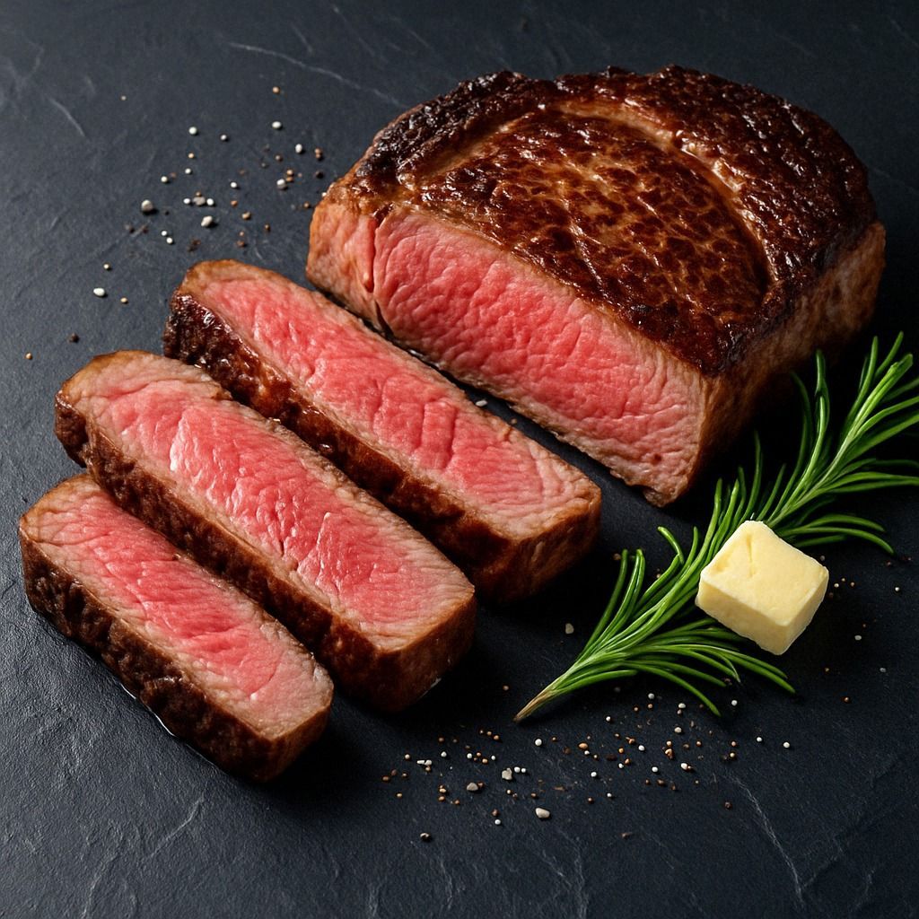 A close up of a steak with butter and rosemary on a table.