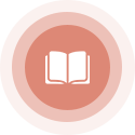 Open book icon in a series of concentric coral-colored circles.