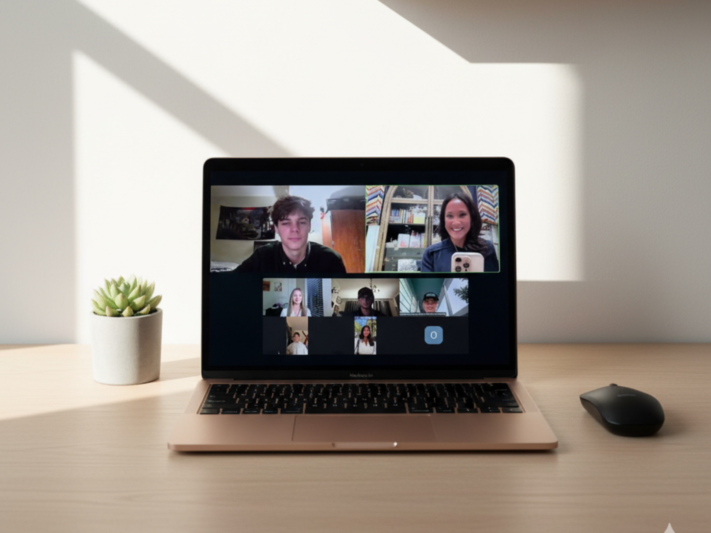 Laptop on a desk displaying a video call with five people; sunlight, a small plant, and a mouse.