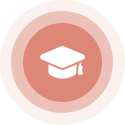 White graduation cap icon within coral-colored concentric circles.