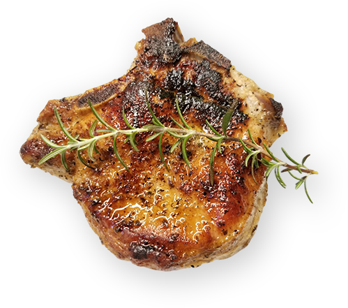 A piece of meat with a sprig of rosemary on it