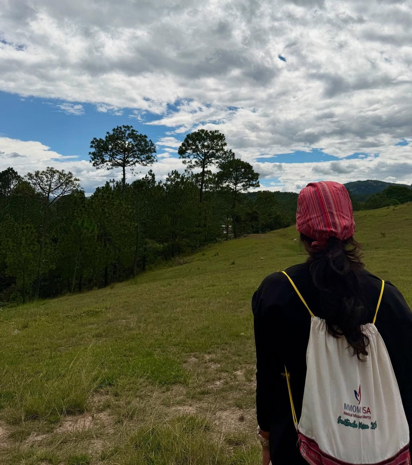 Person walking uphill in a grassy field, trees in the background, cloudy sky.