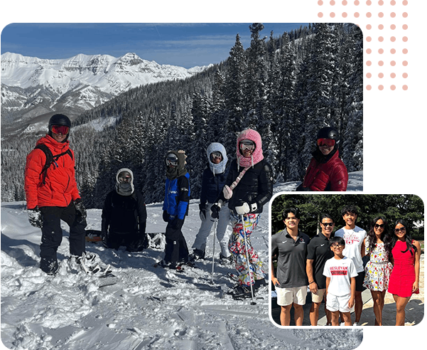 Group of people on a snowy mountain, some wearing ski gear and others in casual clothes.