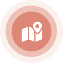 Map icon with location marker, in coral circle with concentric circles.