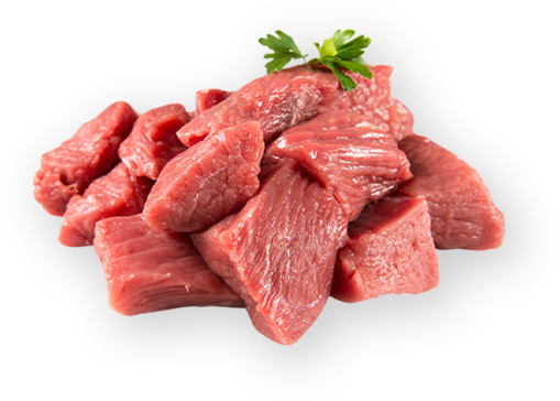 A pile of raw beef cubes with parsley on a white background.