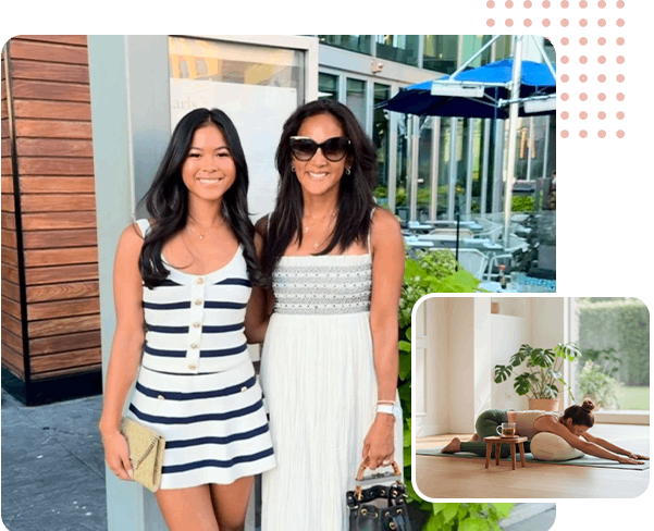 Two women smiling outdoors. One in a striped outfit, the other in white, with a yoga pose inset.