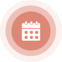 White calendar icon within coral and peach concentric circles.