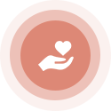 Hand holding a heart within concentric circles, symbolizing care and support.