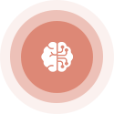 Brain icon in white with electronic circuitry, centered in three concentric orange circles.