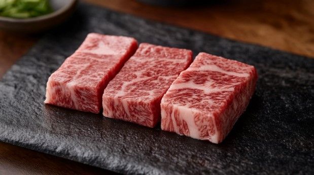 Three pieces of beef are sitting on a black plate on a table.