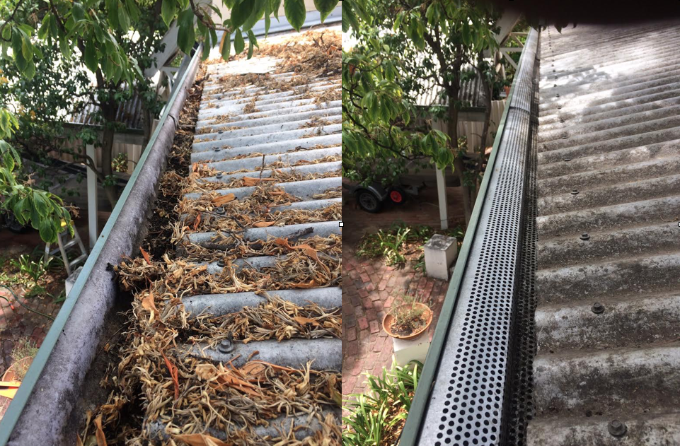 A before and after picture of a gutter with leaves on it.
