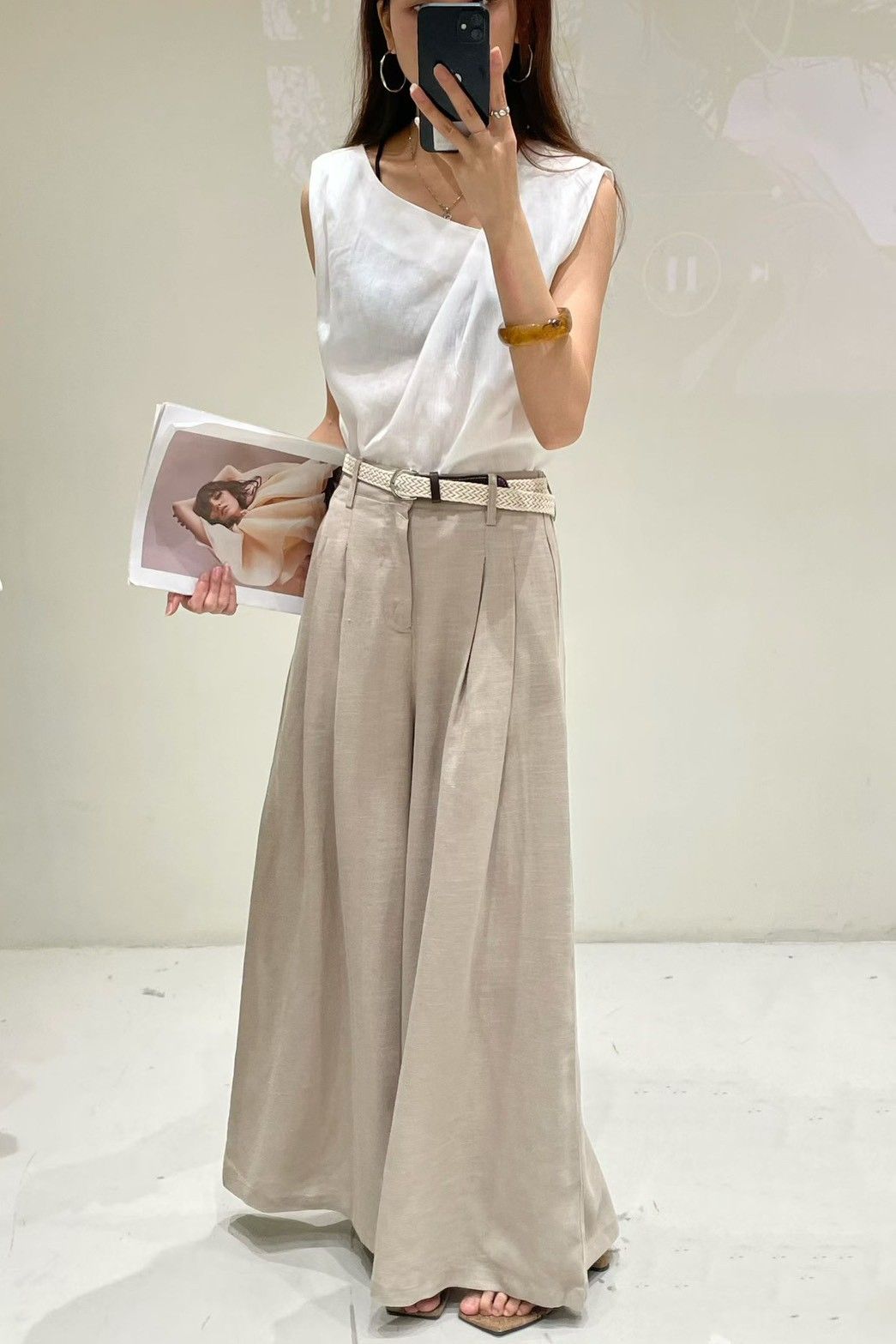 A038 亞麻腰帶闊腿褲（後鬆緊）
