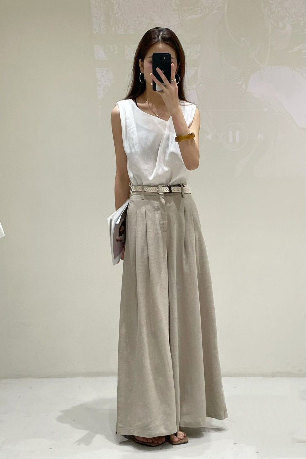 A038 亞麻腰帶闊腿褲（後鬆緊）