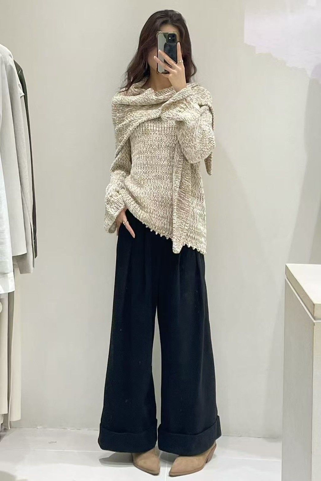 6折A019 翻摺寬邊直筒褲