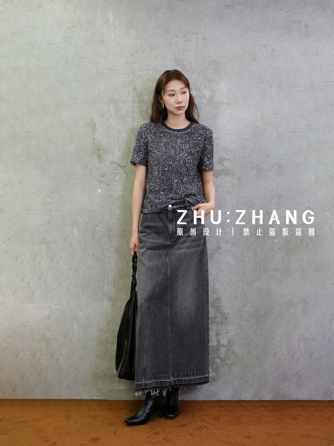 6折B012 灰黑丹寧長裙