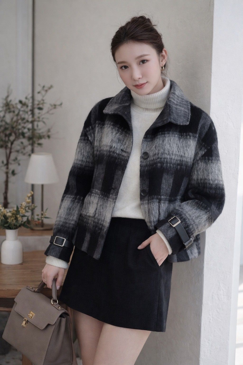 8折B064 灰黑格紋短版外套