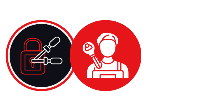 Locksmith icons: red and black circles. Black circle: lock with tools. Red circle: person with tools.
