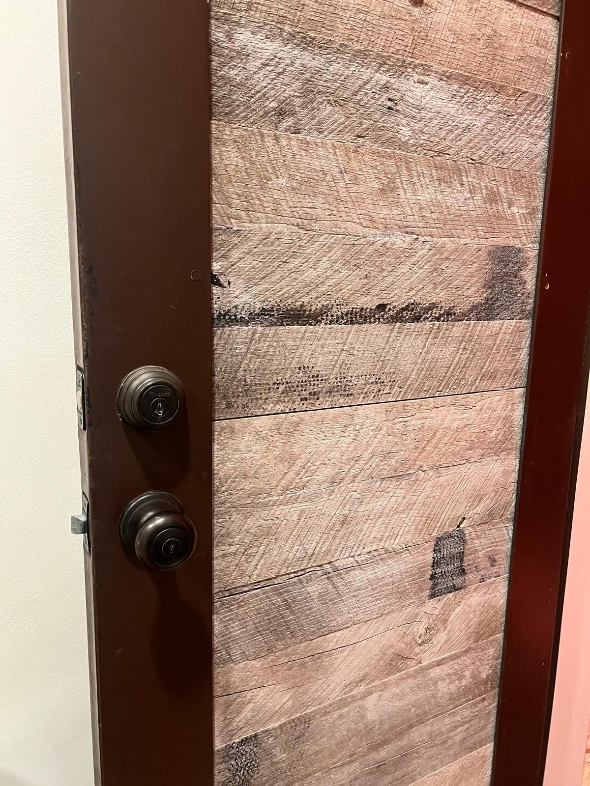 Brown door with woodgrain paneling, door knobs, and a dark brown frame.