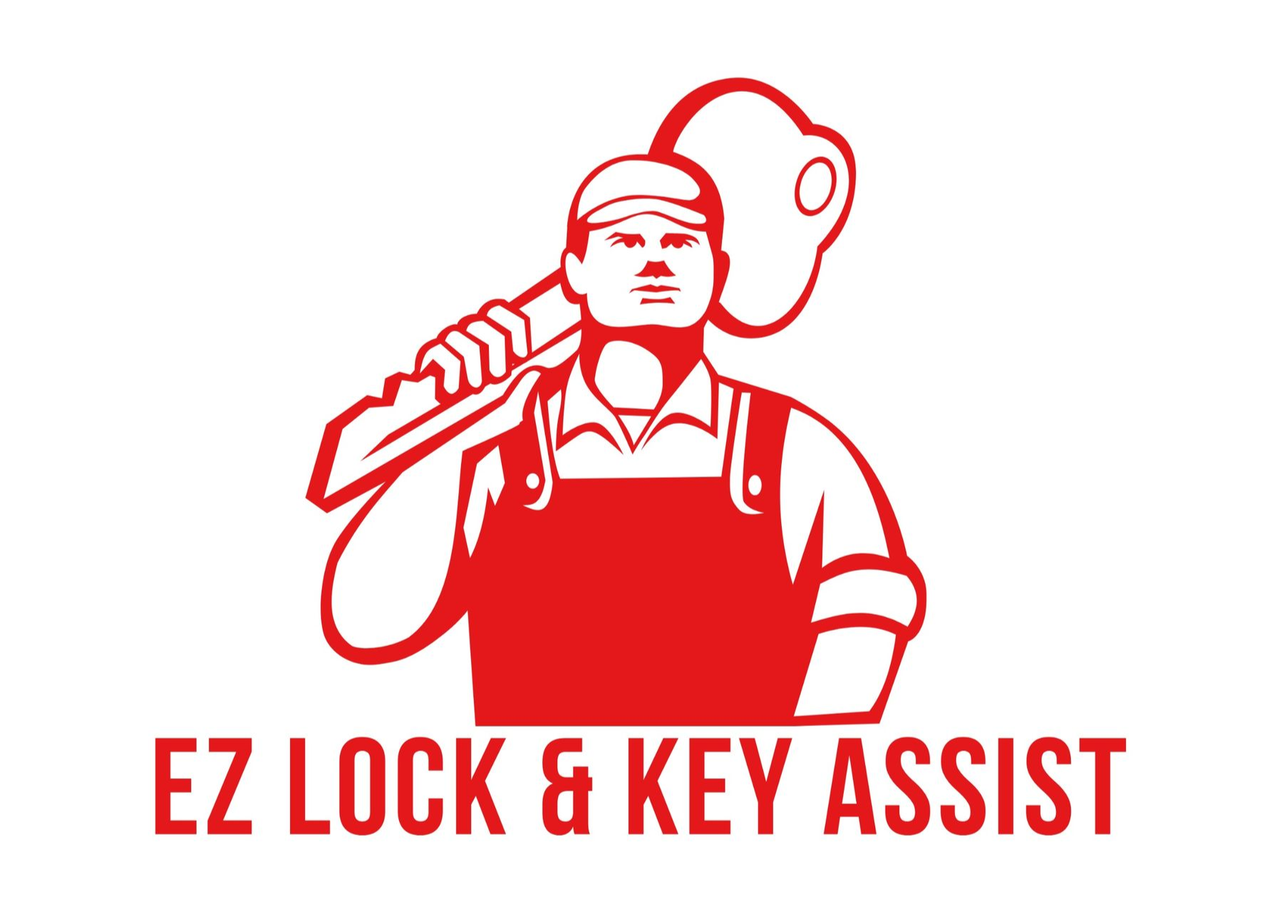 Red and white logo: a locksmith carrying a large key with 