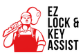 Red locksmith holding giant key; "EZ Lock & Key Assist" text.